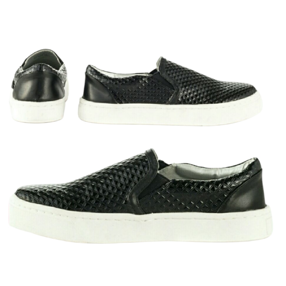 BLACK PATENT TEXTURED ATHLETIC SLIP ON COMFORTABLE PADDED SNEAKER NIB